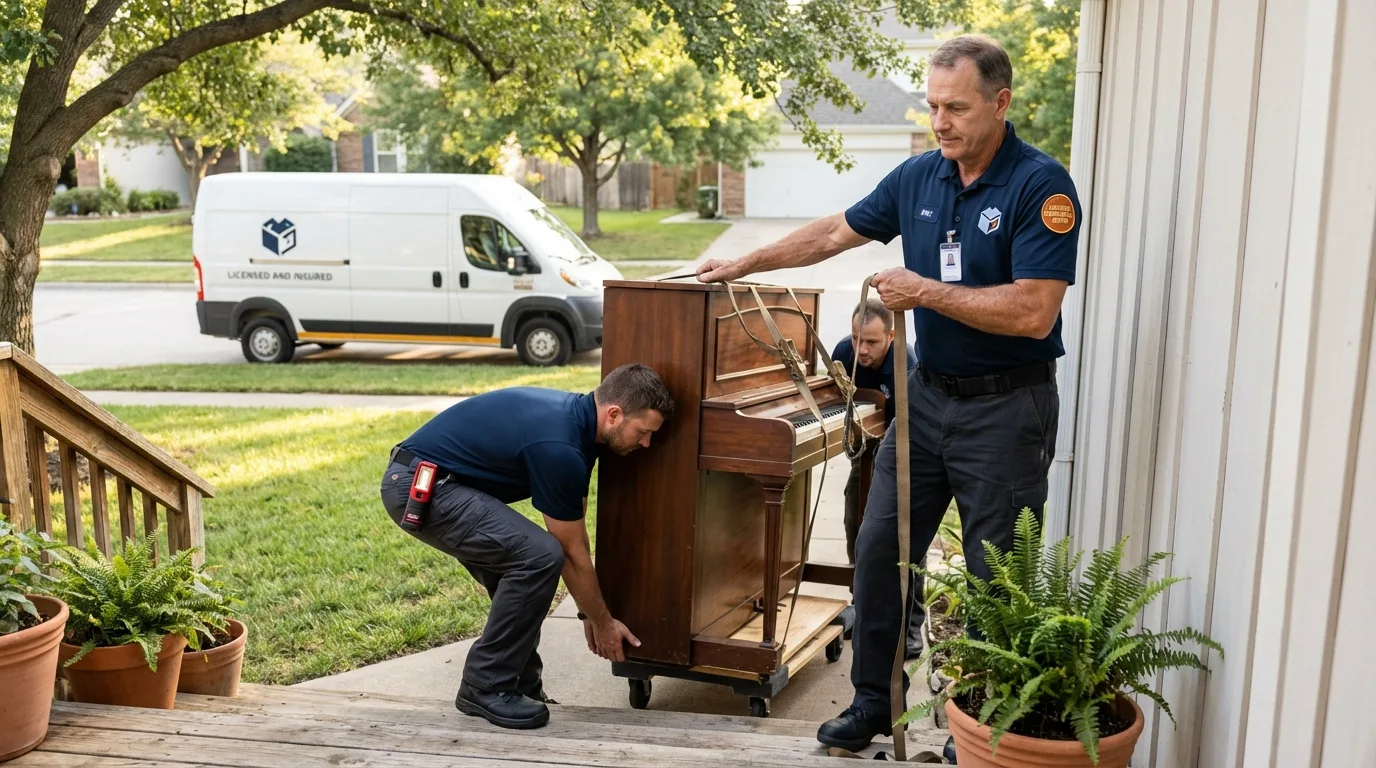Licensed piano movers securing grand piano in Chittenden, VT