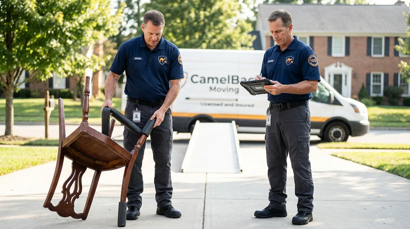 Movers inspecting furniture for damage prevention before loading in Chittenden, VT