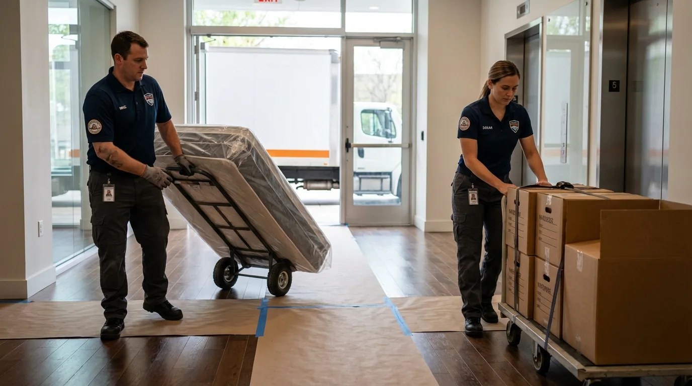 Professional apartment movers loading elevator in Chittenden, VT