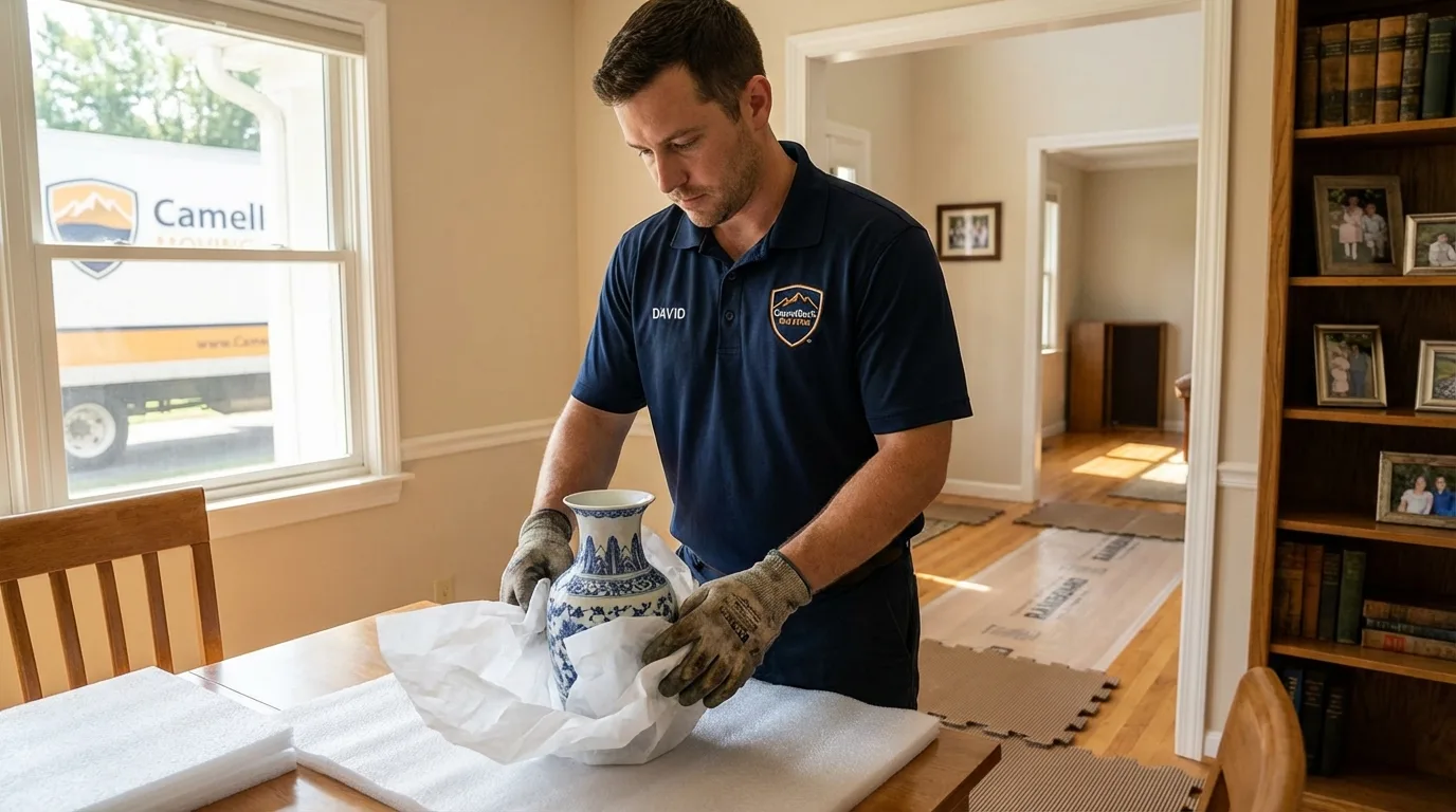 Professional crew carefully wrapping antique vase for senior downsizing move in Chittenden, VT