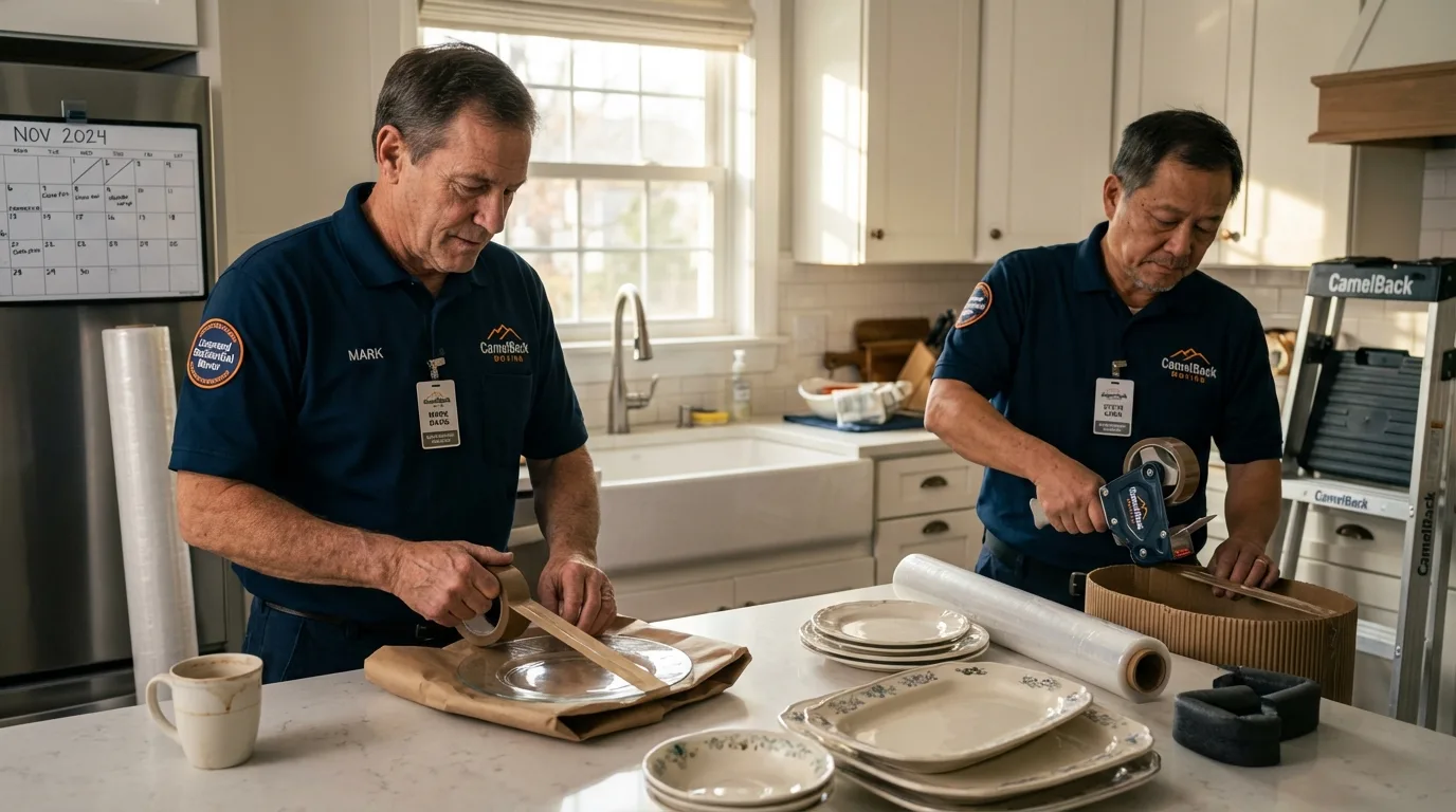 Professional crew packing kitchen dishware in Chittenden, VT